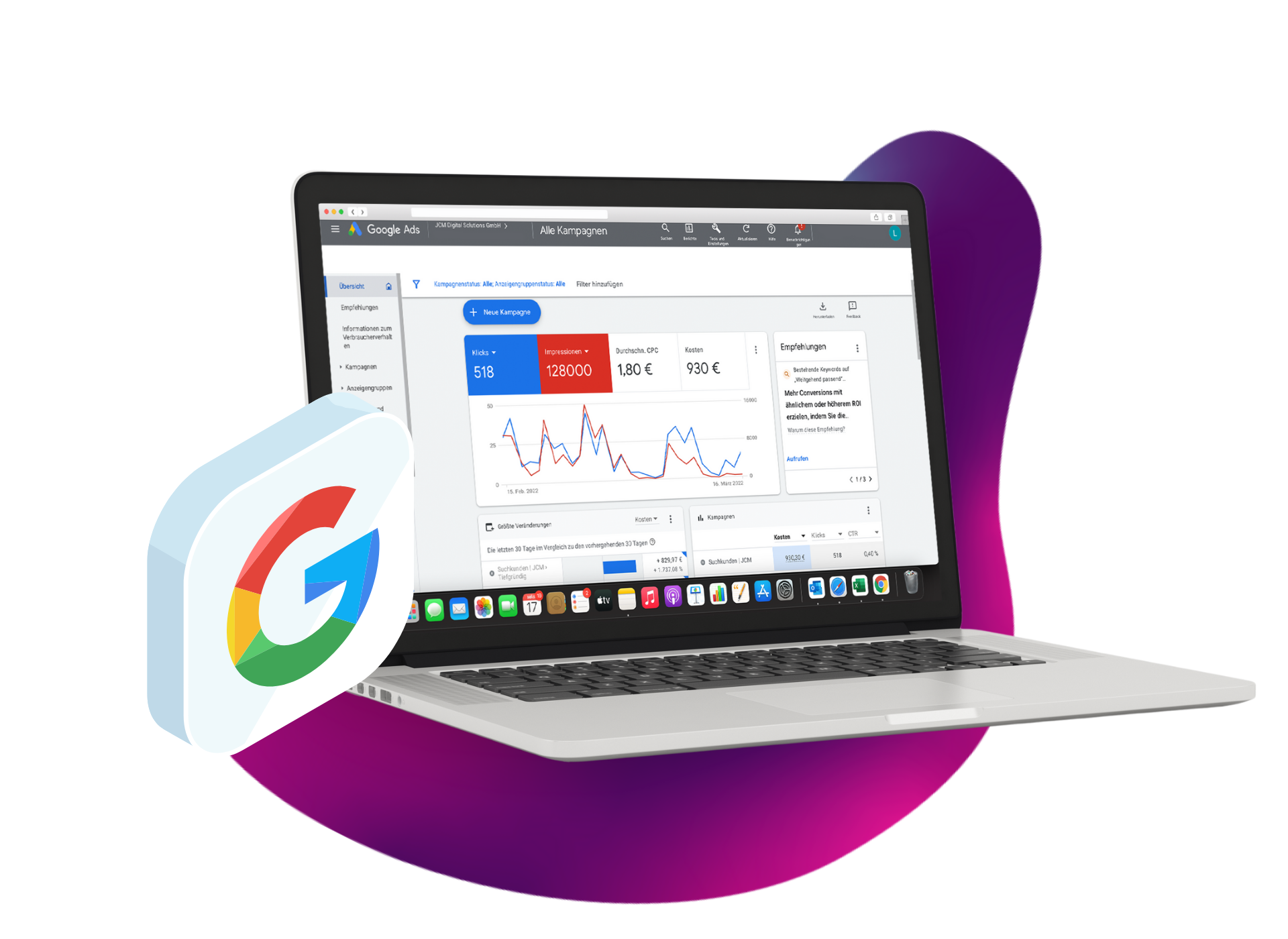 Google Ads auswertung auf einer JCM Bubble mit Google Logo Google Ads auswertung auf einer JCM Bubble mit Google Logo